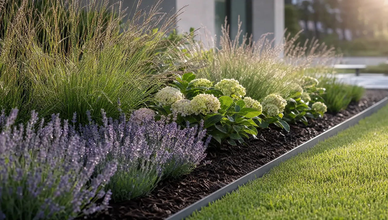Blühendes Staudenbeet mit Lavendel und Ziergräsern am Rasenrand