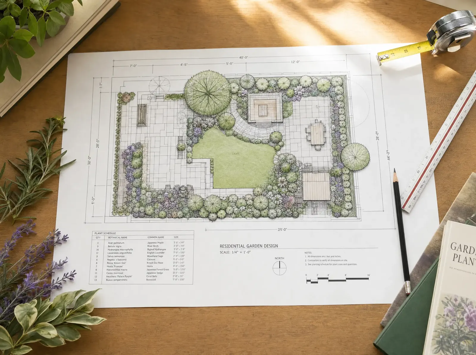 Gartenplan mit Maßstab und Stift auf dem Planungstisch