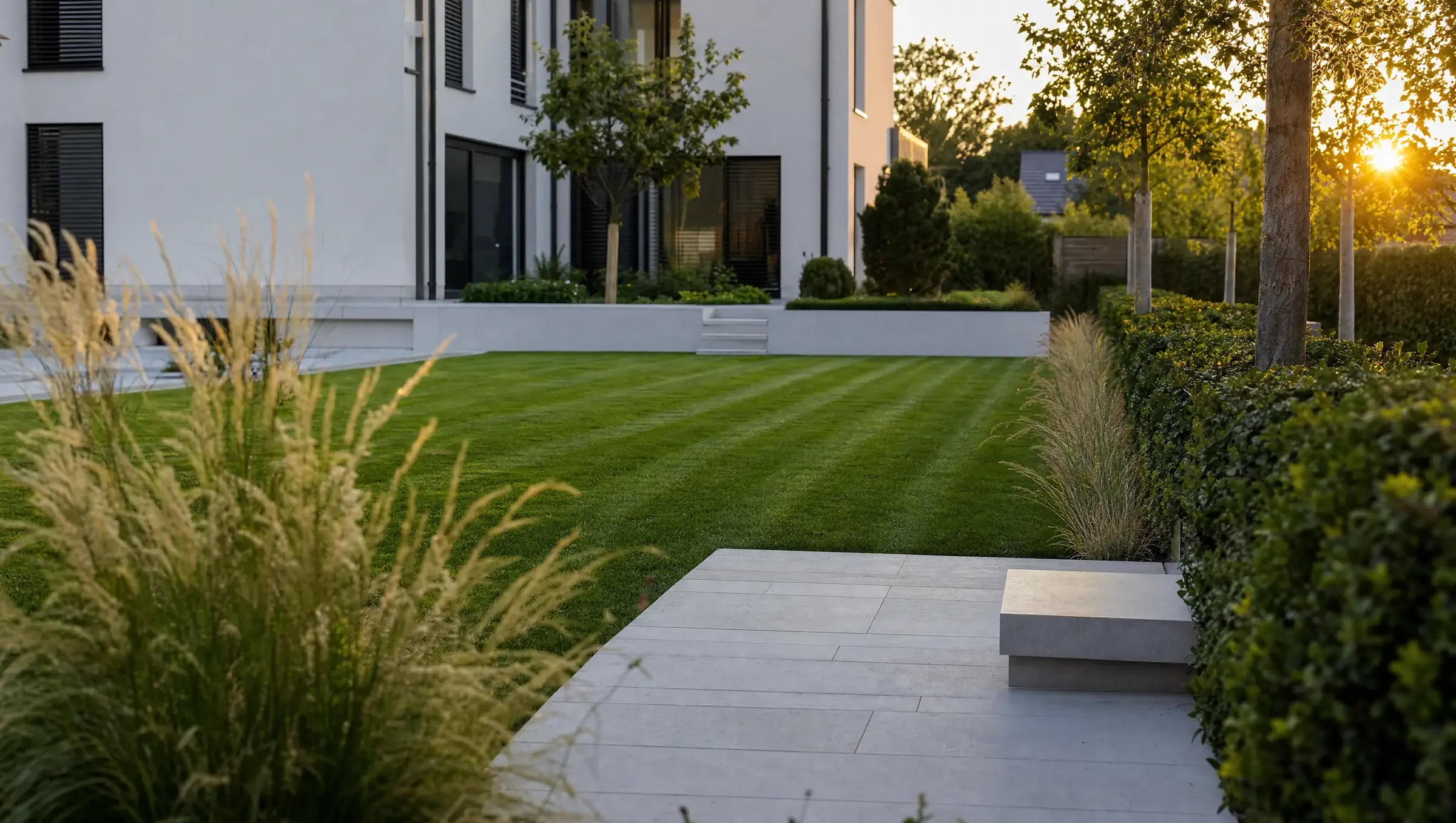 Moderner, gepflegter Garten mit Rasenfläche, Natursteinterrasse und Ziergräsern im Abendlicht
